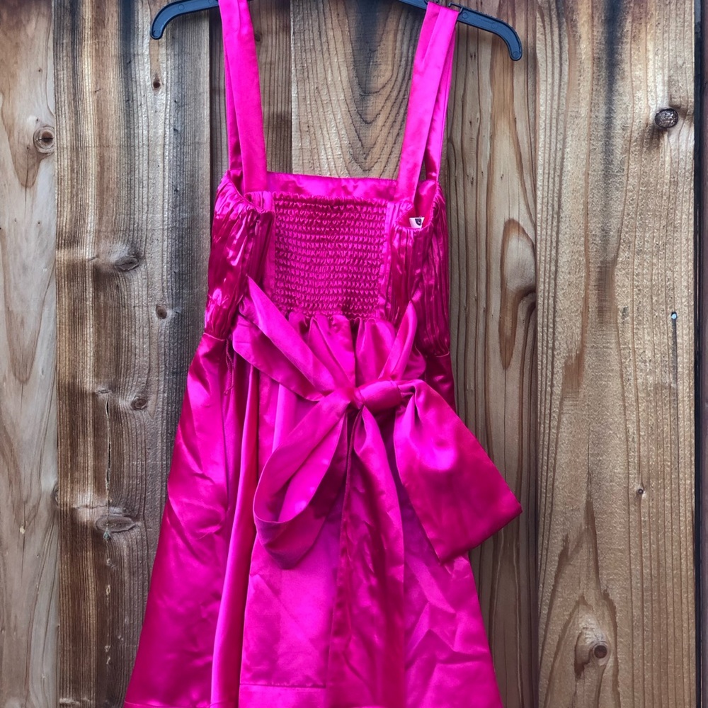 Anthropologie Maeve Fuchsia Bow-Tie Satin Pleated Smocked Back Mini Dress size 4 - Picture 9 of 10